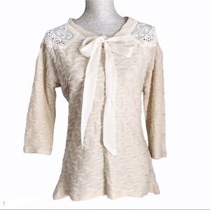 Anthropologie Areve Lace Crochet Tie Front Half Sleeve Textured Top Small